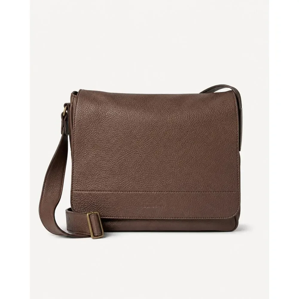 Burberry Men Brown Pebbled Leather Messenger Bag Crossbody Nova Check Lined Flap